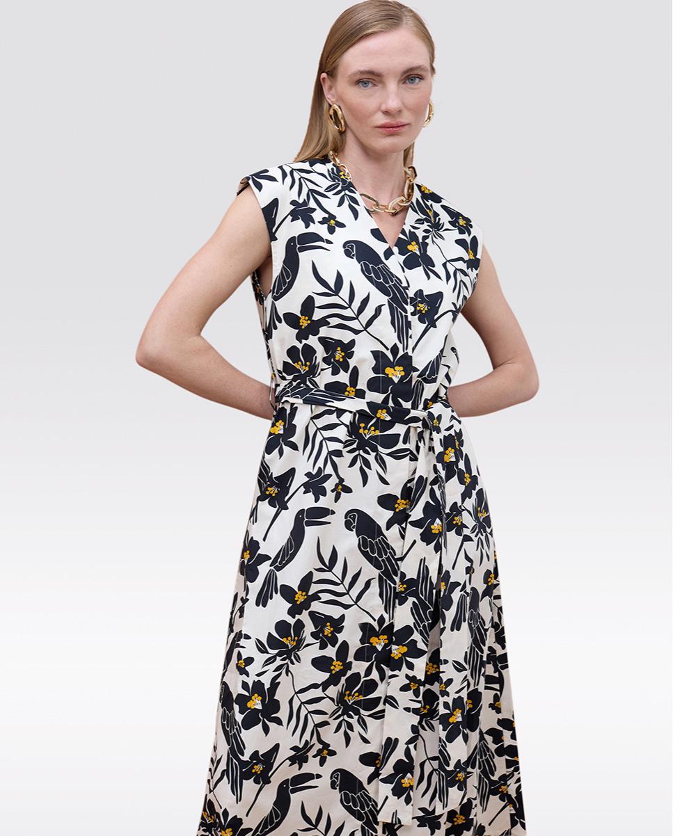 Vestido Midi em Popelina Estampado com Cinto Ajustável Preto / Branco-2