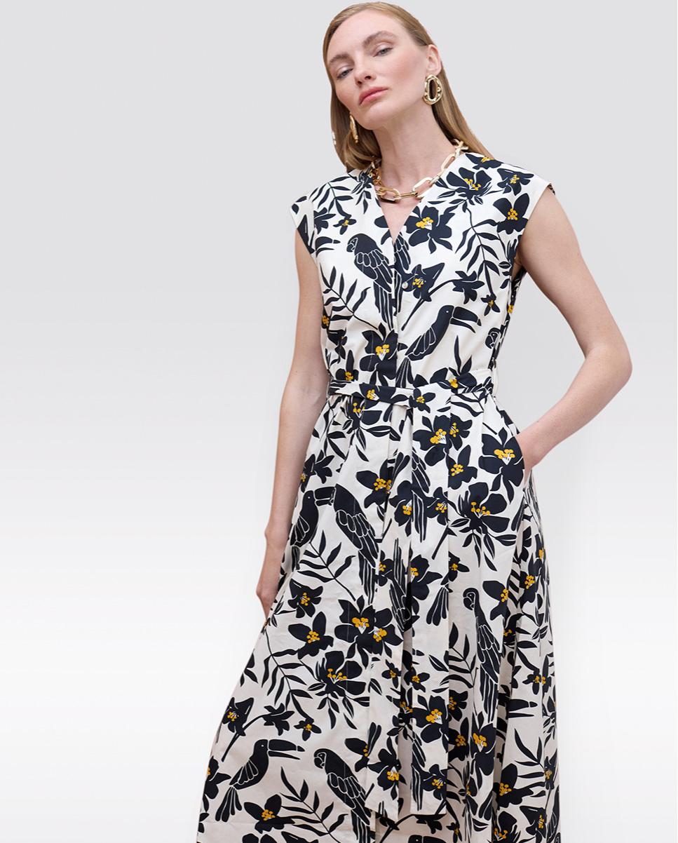 Vestido Midi em Popelina Estampado com Cinto Ajustável Preto / Branco-3