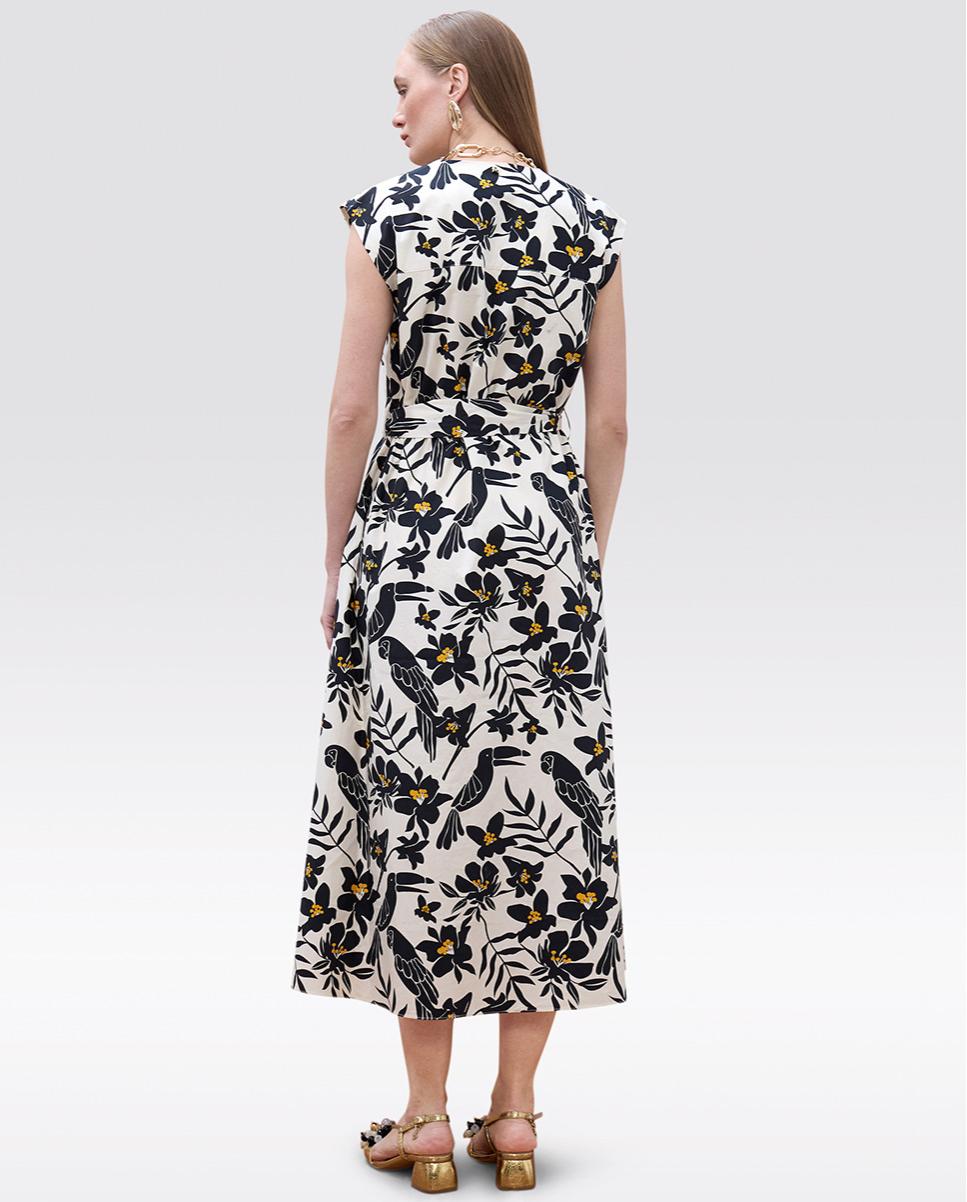 Vestido Midi em Popelina Estampado com Cinto Ajustável Preto / Branco-4