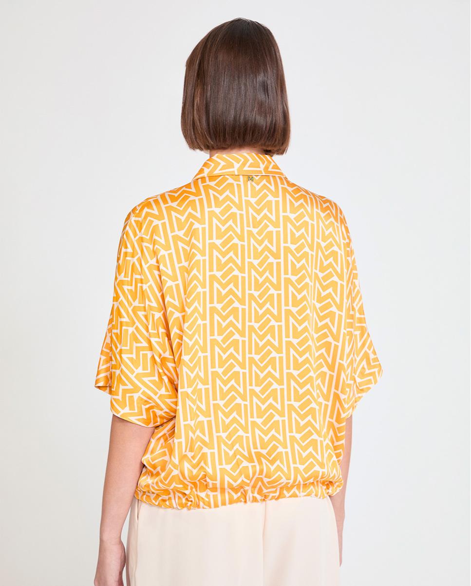 Camisa Acetinada com Estampado e Manga Caída Mostarda-5