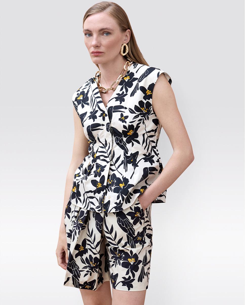 Top de Popelina Estampado com Decote em V Preto / Branco-4