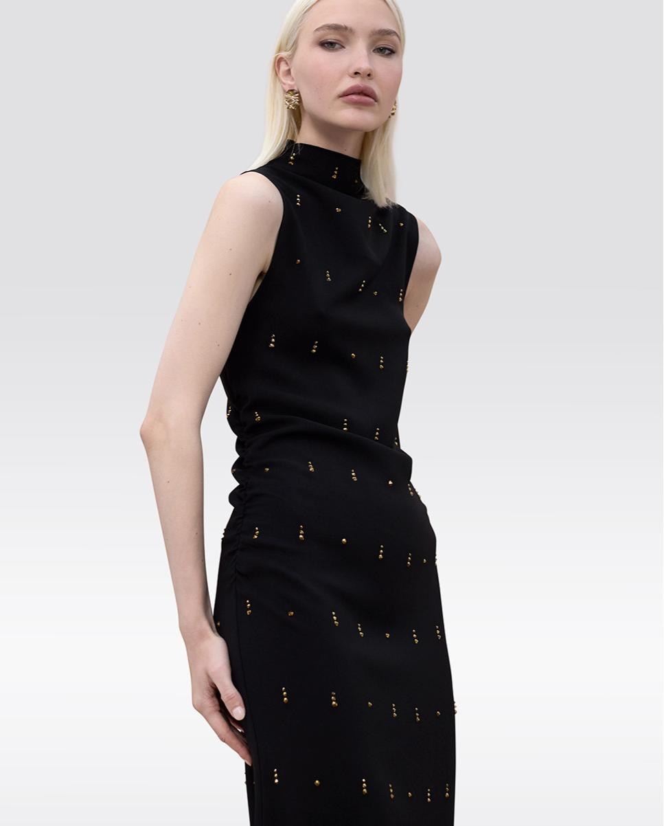 Vestido Midi sem Mangas com Pedrinhas Preto-2