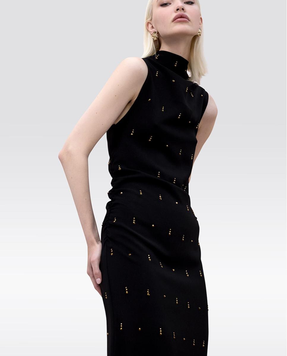 Vestido Midi sem Mangas com Pedrinhas Preto-3