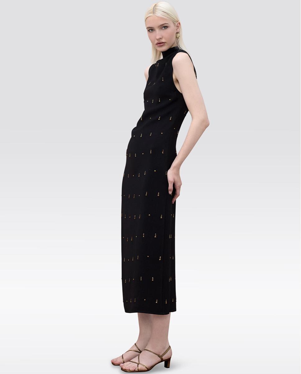 Vestido Midi sem Mangas com Pedrinhas Preto-5