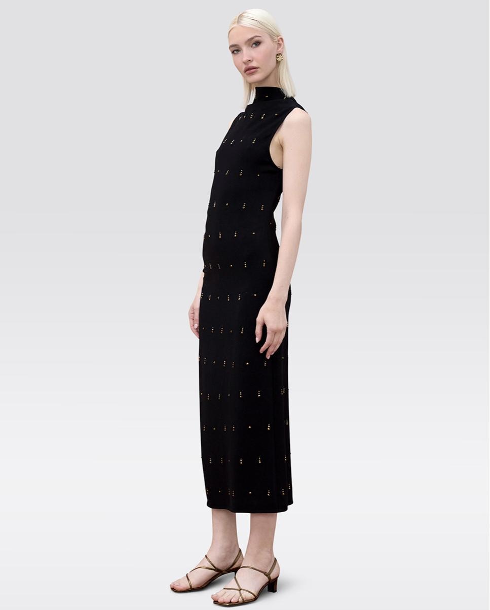 Vestido Midi sem Mangas com Pedrinhas Preto-6