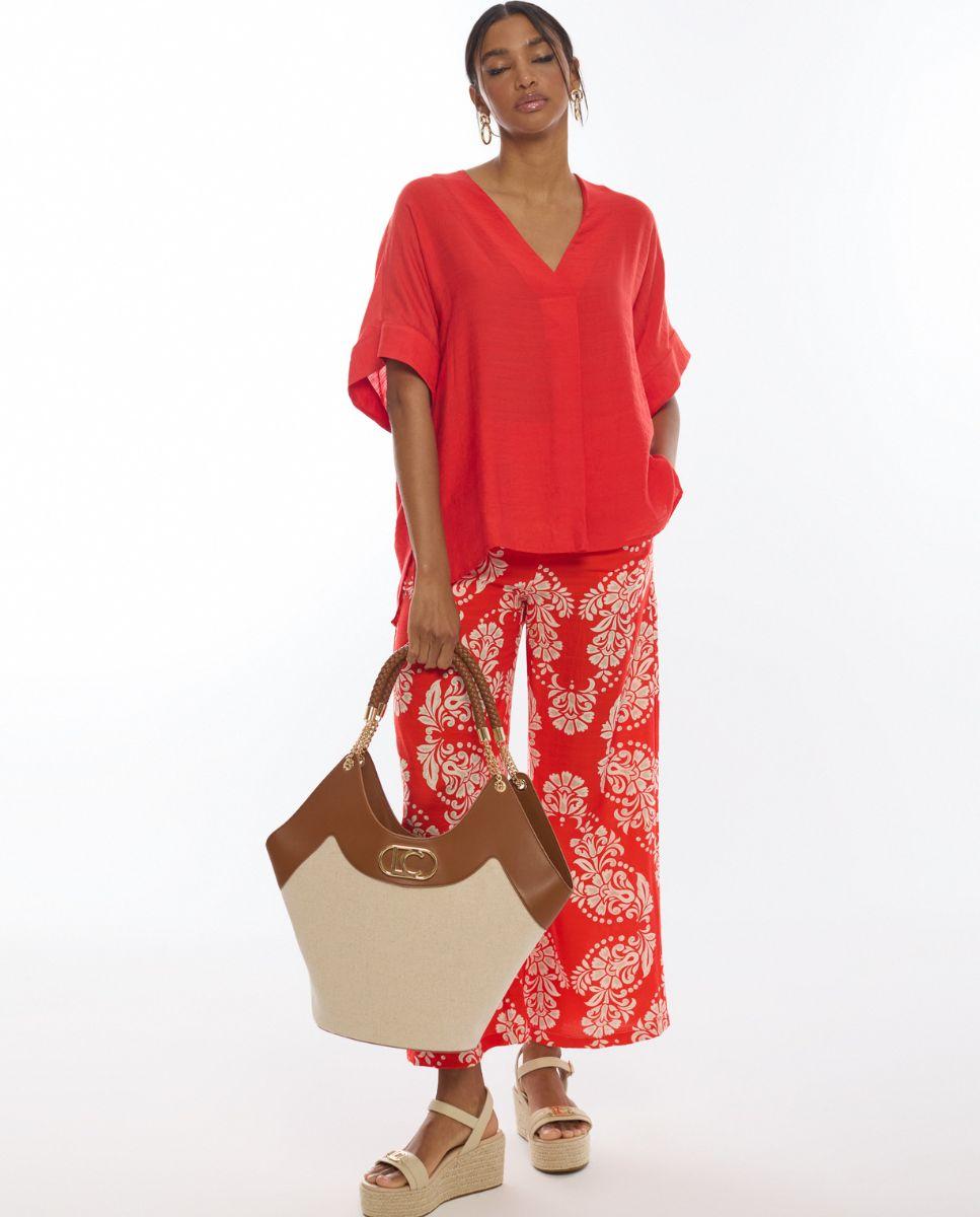 Calças Largas Culotte com Estampado Paisley Vermelho / Branco-1
