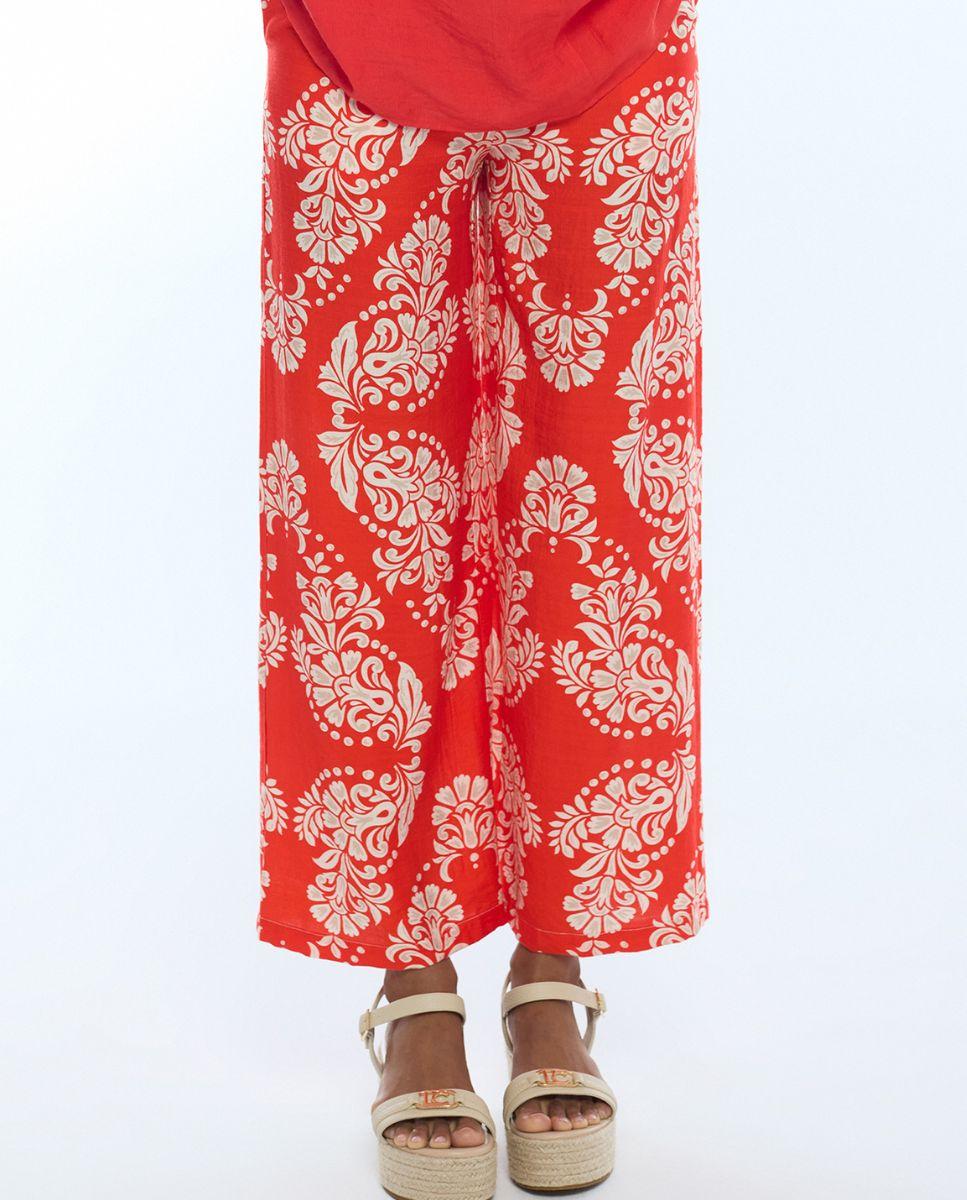 Calças Largas Culotte com Estampado Paisley Vermelho / Branco-3