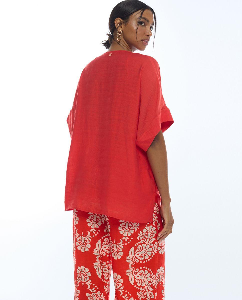 Calças Largas Culotte com Estampado Paisley Vermelho / Branco-4