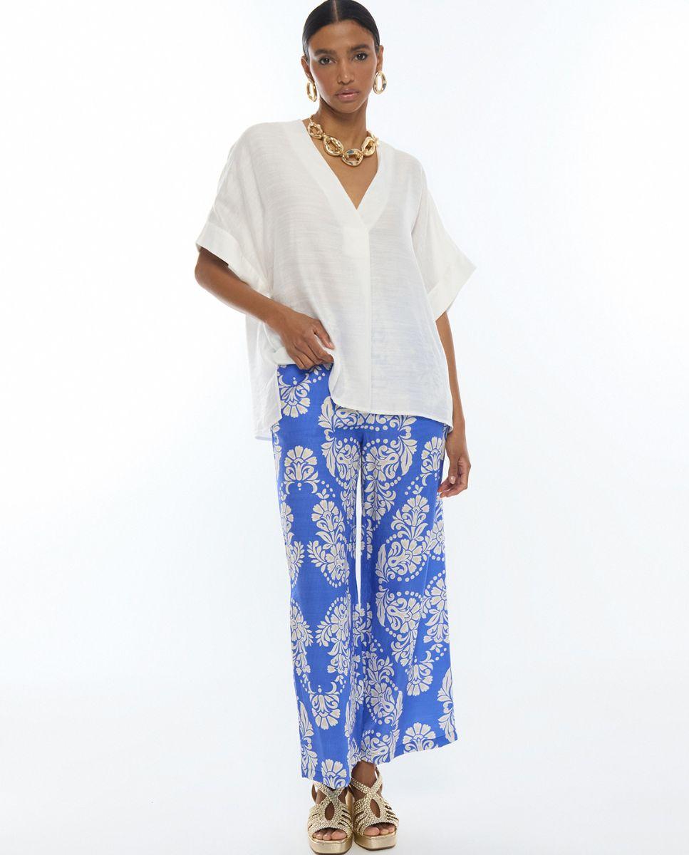 Calças Largas Culotte com Estampado Paisley Azul / Branco-1