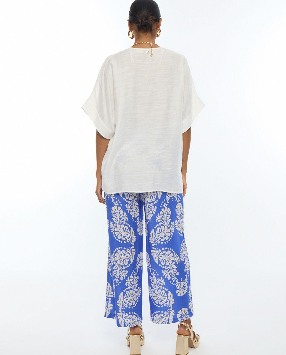 Calças Largas Culotte com Estampado Paisley Azul / Branco-2