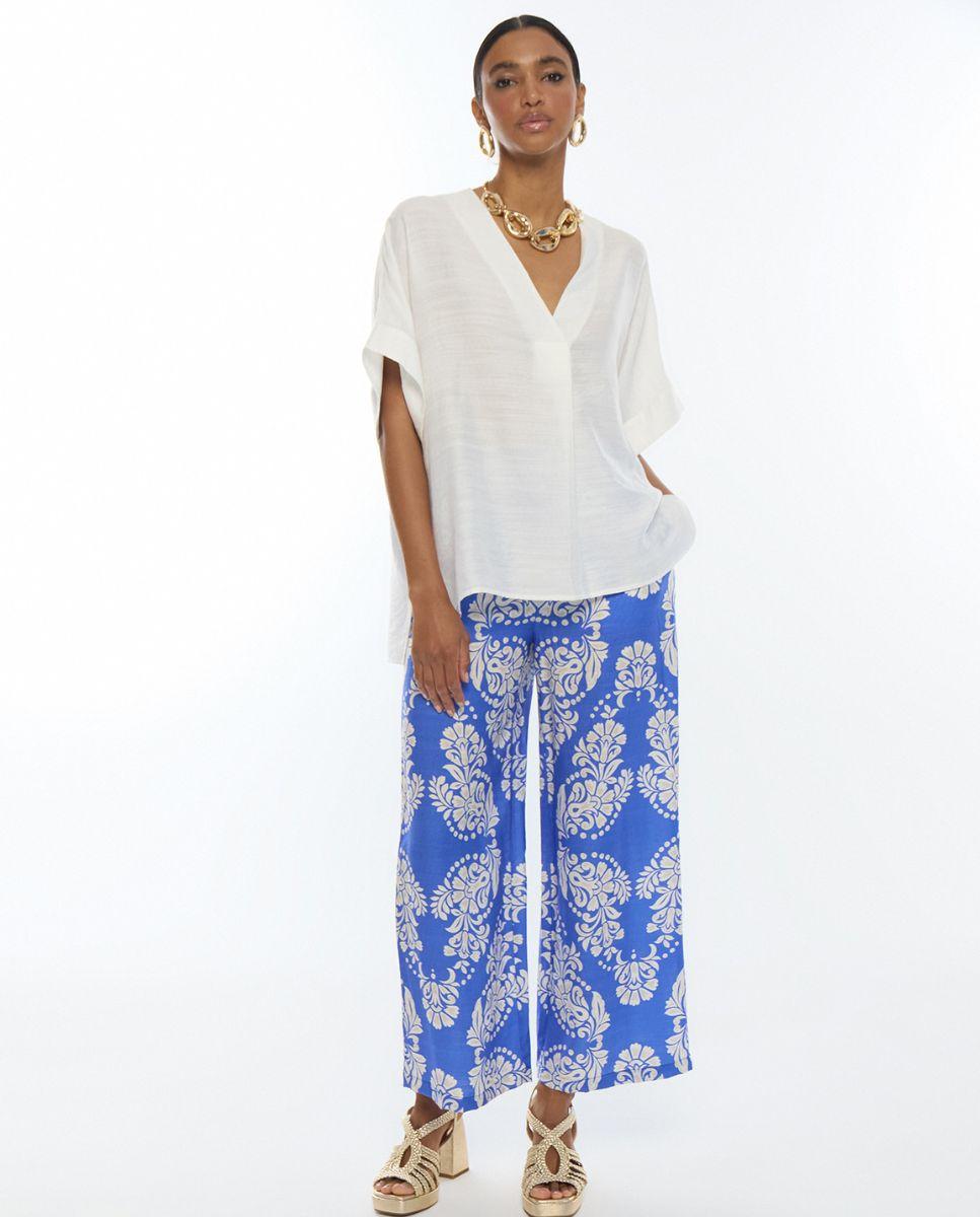 Calças Largas Culotte com Estampado Paisley Azul / Branco-3