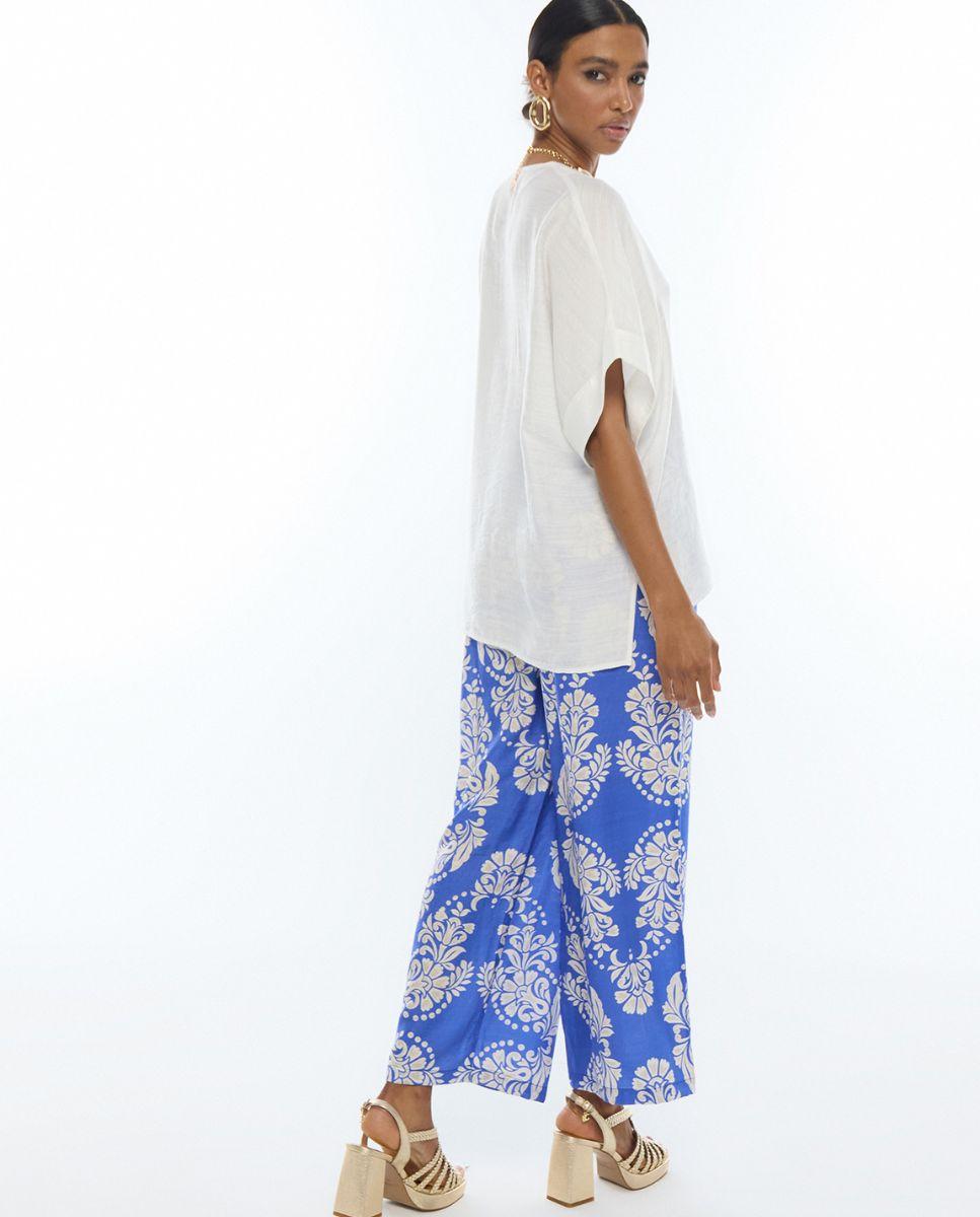 Calças Largas Culotte com Estampado Paisley Azul / Branco-4