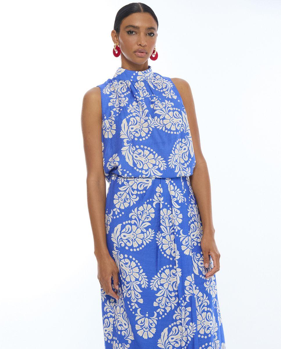 Saia Páreo com Estampado Paisley Azul / Branco-2