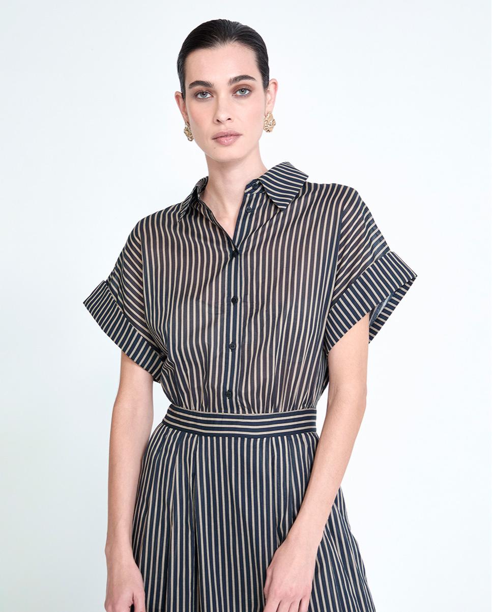 Vestido Midi Tipo Camisa às Riscas com Cinto Carbono-2