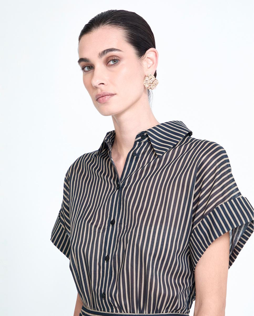 Vestido Midi Tipo Camisa às Riscas com Cinto Carbono-4