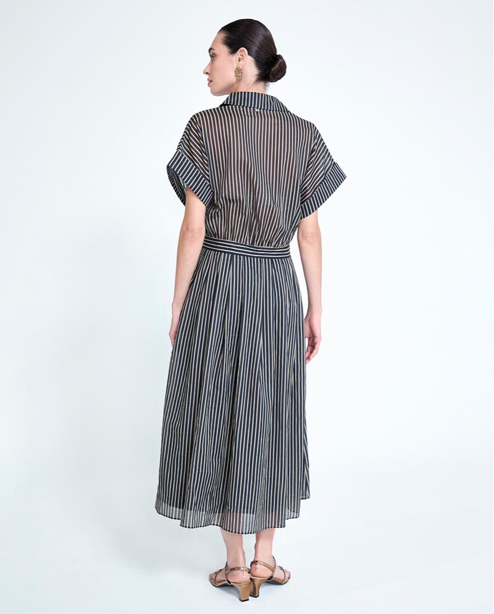 Vestido Midi Tipo Camisa às Riscas com Cinto Carbono-5
