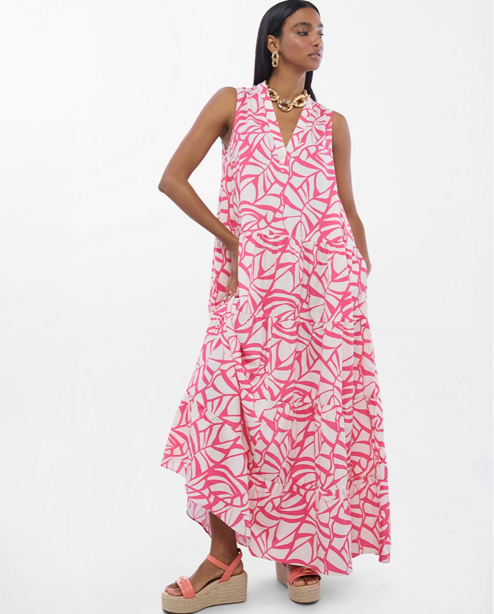 Vestido Comprido com Volume e Print de Folhas Rosa-1