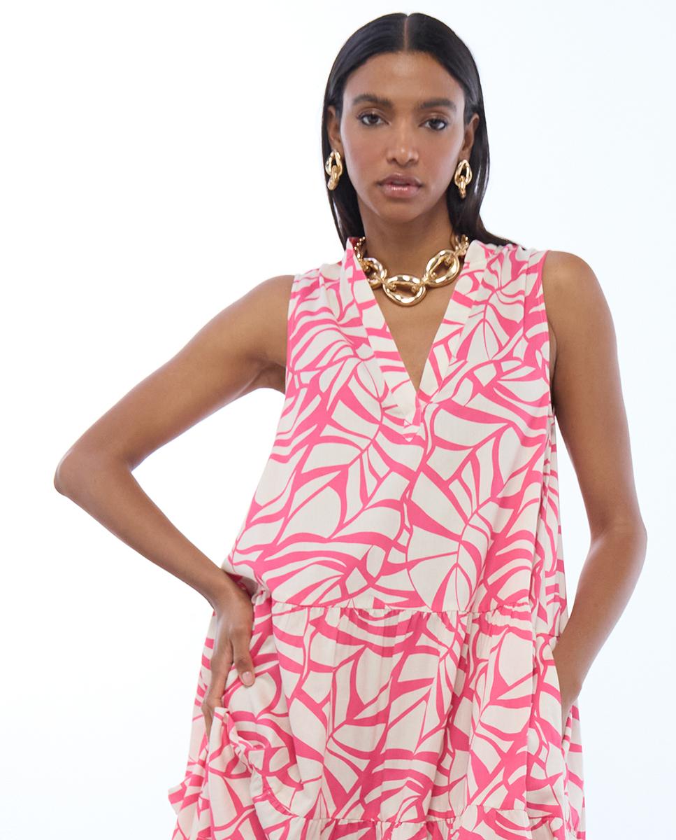 Vestido Comprido com Volume e Print de Folhas Rosa-2