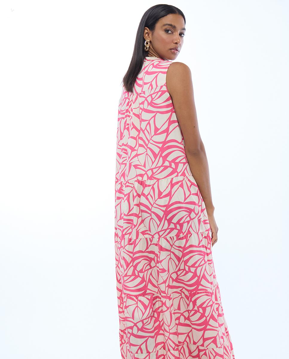 Vestido Comprido com Volume e Print de Folhas Rosa-3