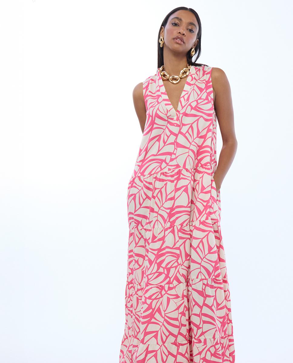 Vestido Comprido com Volume e Print de Folhas Rosa-4