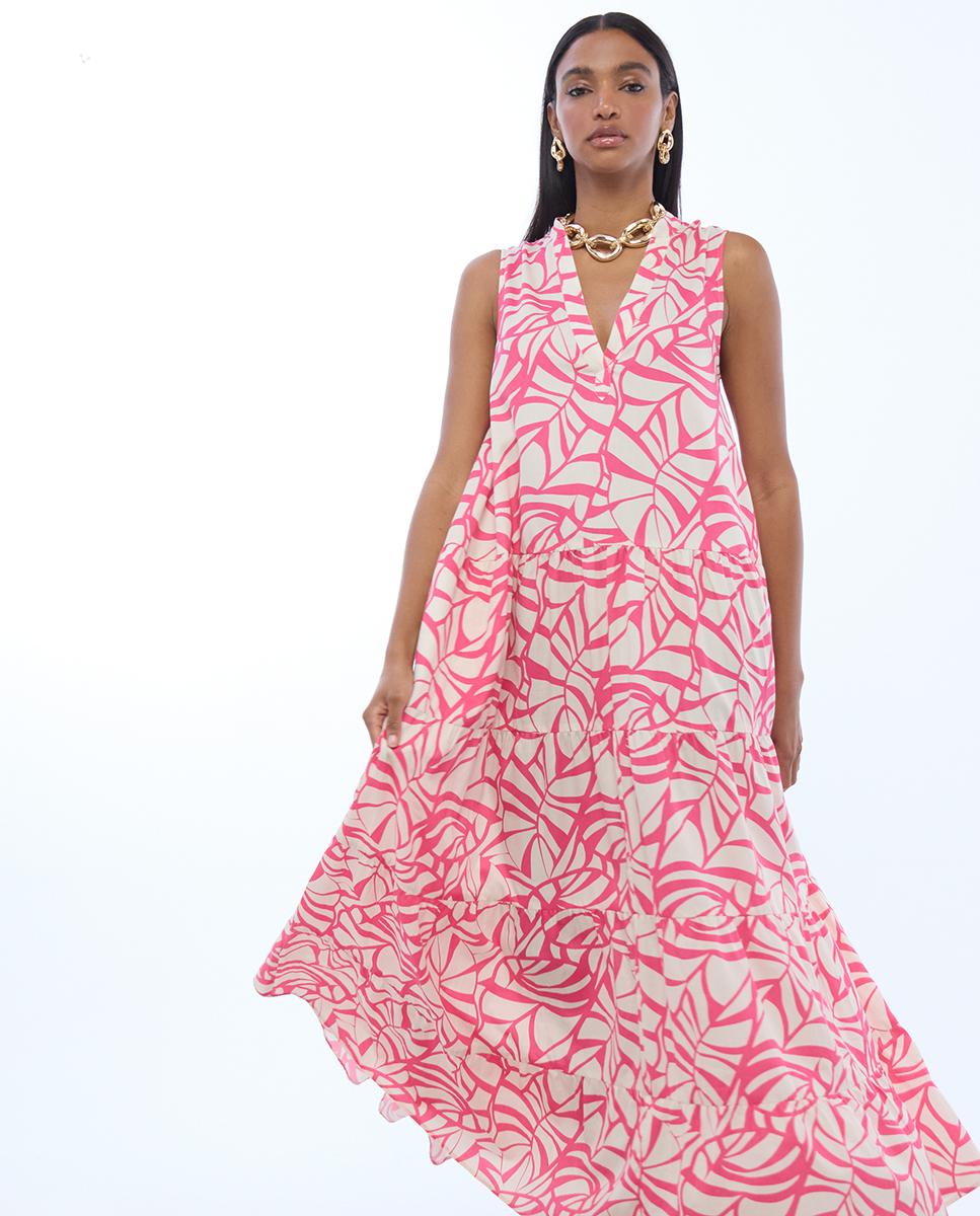Vestido Comprido com Volume e Print de Folhas Rosa-5