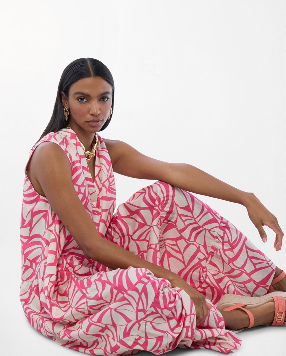 Vestido Comprido com Volume e Print de Folhas Rosa-6