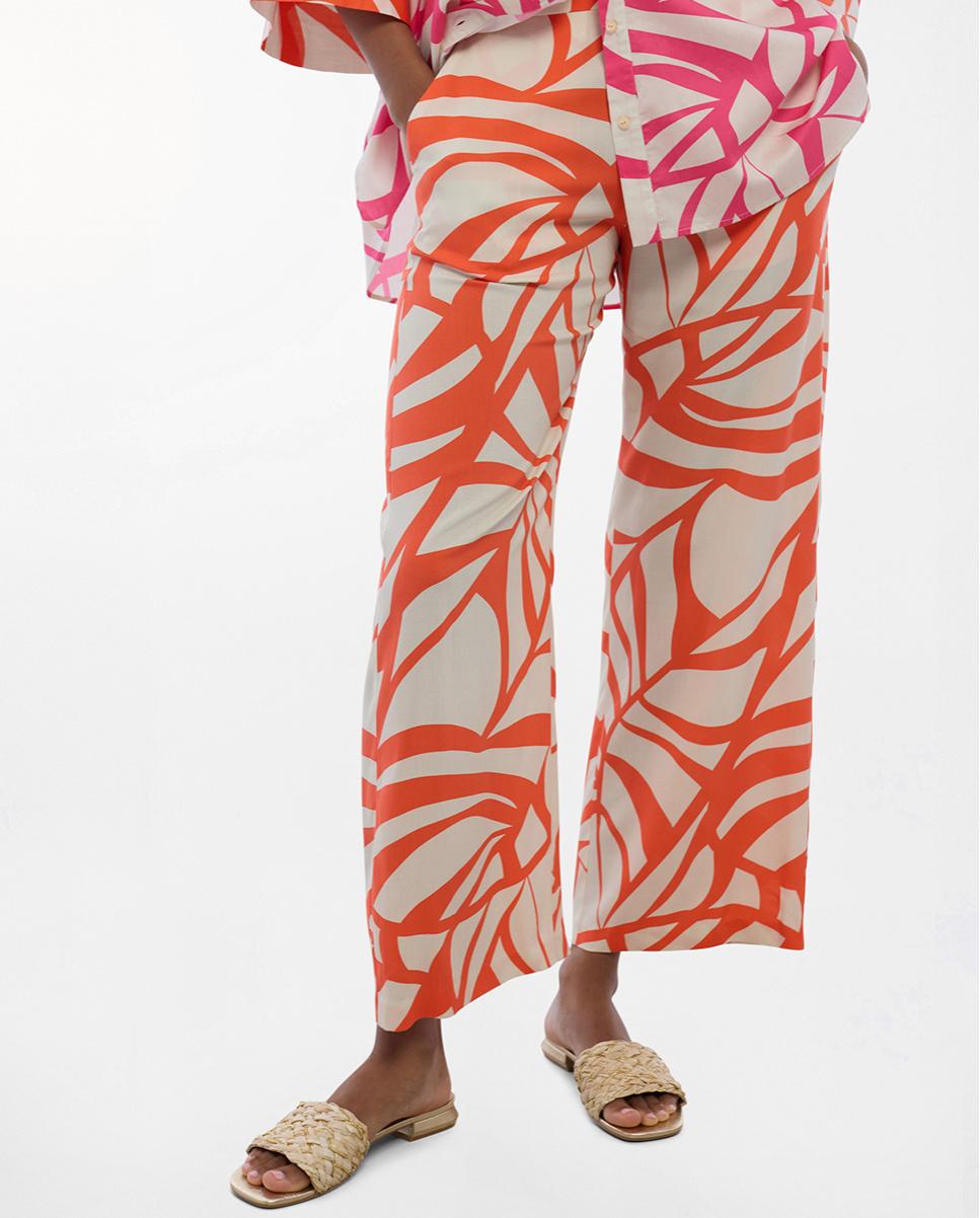 Calças Largas Culotte com Estampado de Folhas Laranja-2