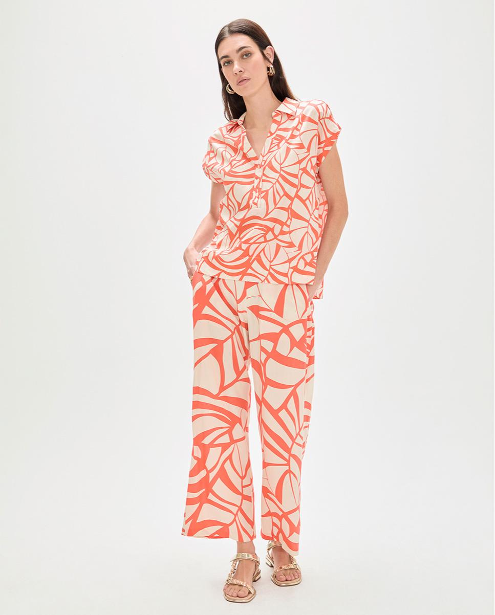 Blusa de Manga Curta com Print de Folhas Laranja-2