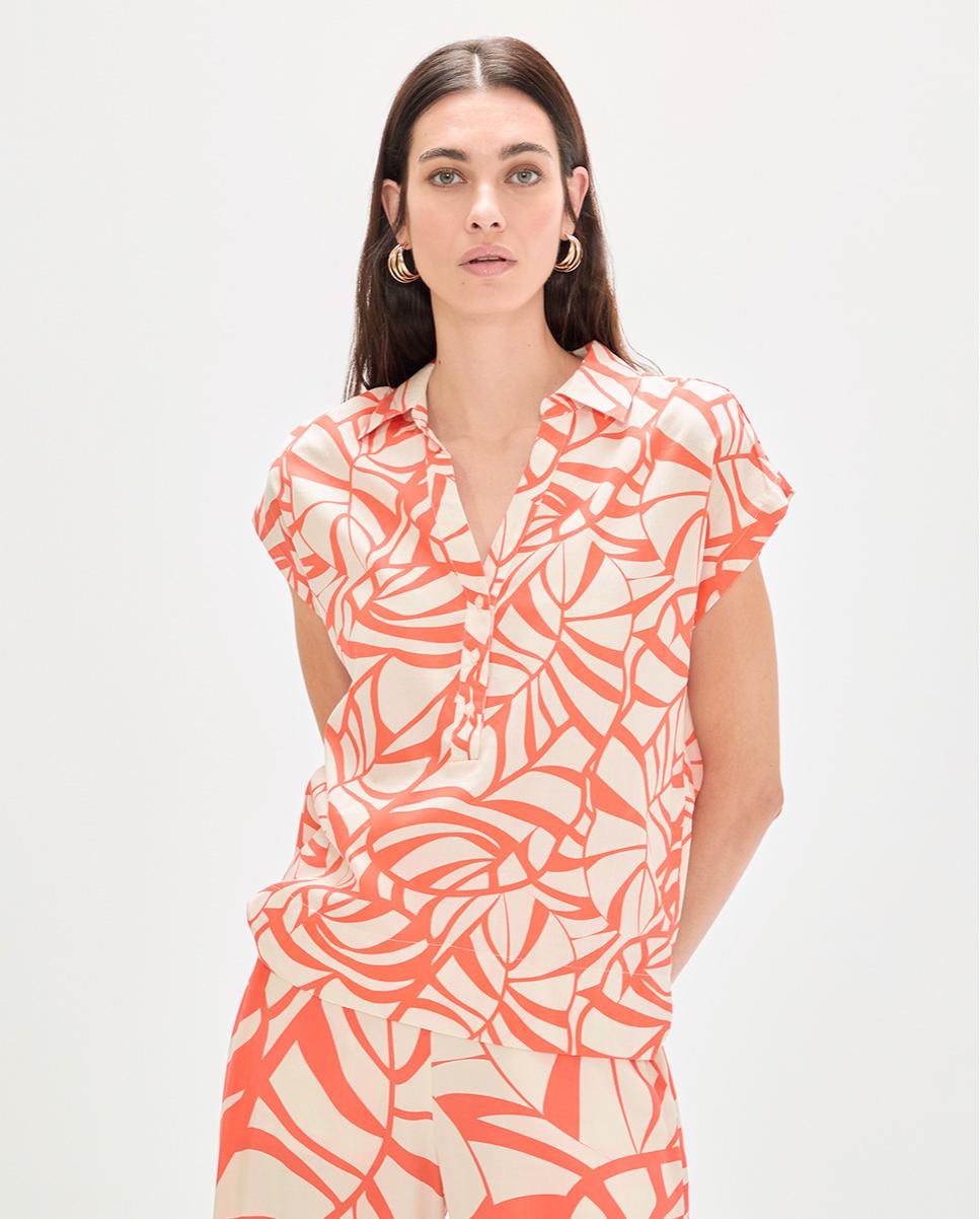 Blusa de Manga Curta com Print de Folhas Laranja-3