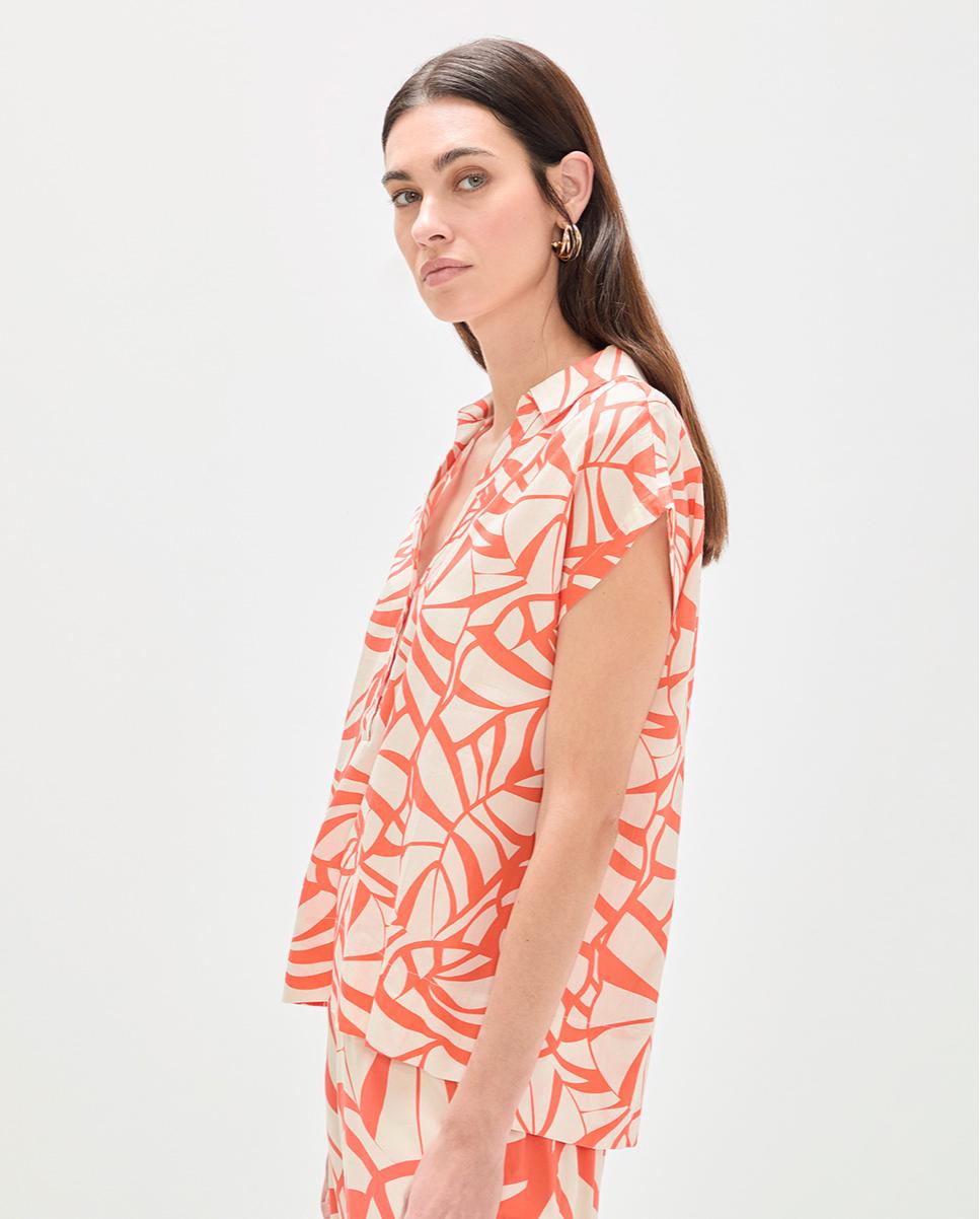 Blusa de Manga Curta com Print de Folhas Laranja-4