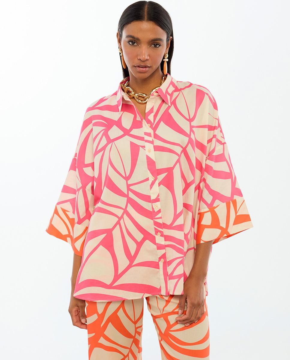 Imagem 0 de Camisa com Print de Folhas com Manga Caída