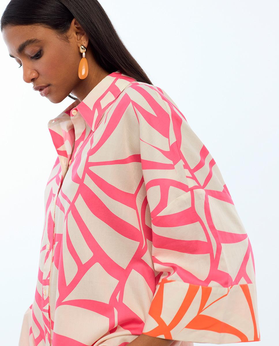 Camisa com Print de Folhas com Manga Caída Rosa-2