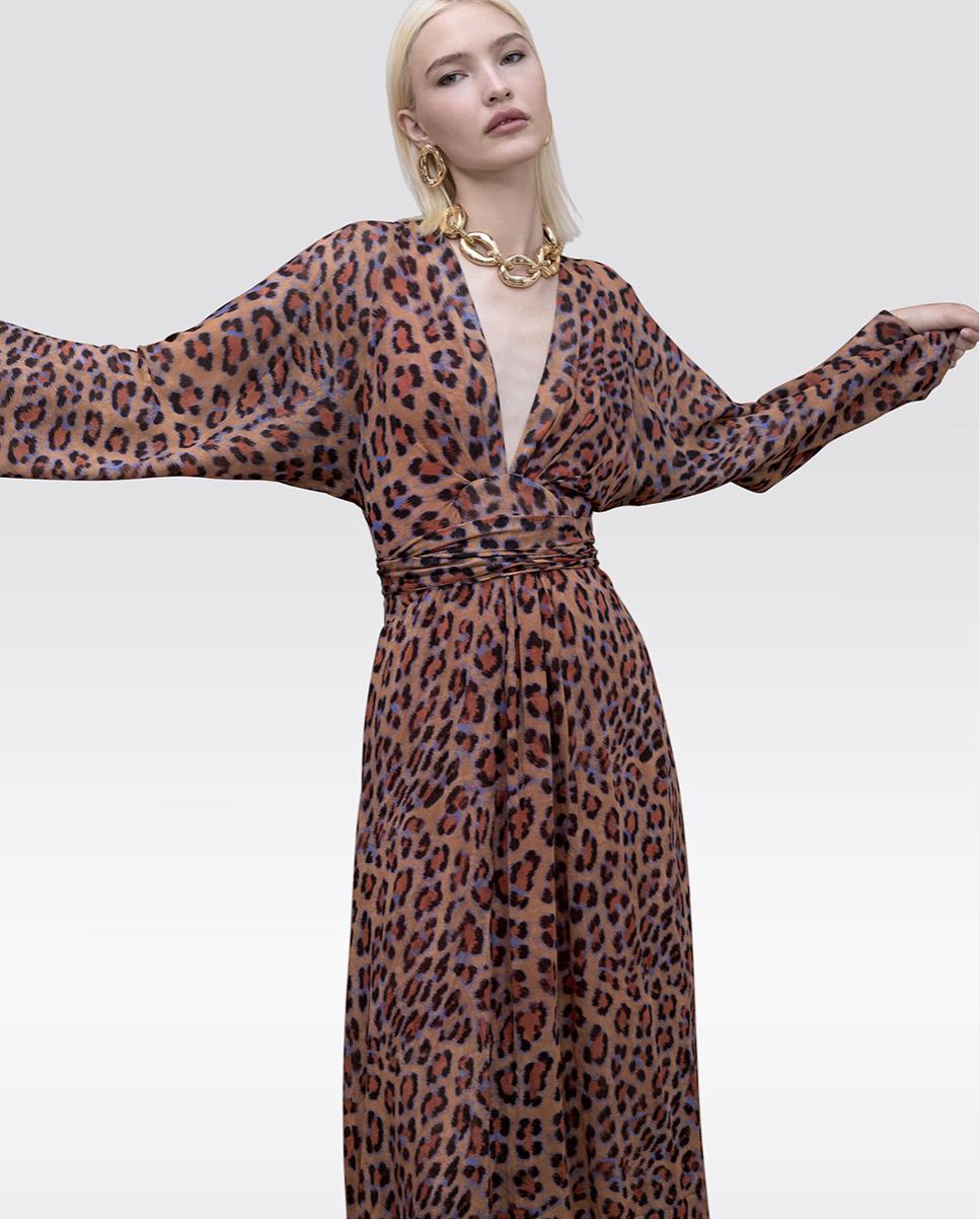 Vestido Comprido Estampado de Manga Larga com Cinto Ajustável Multicolor-2