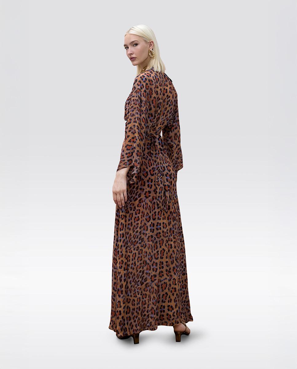 Vestido Comprido Estampado de Manga Larga com Cinto Ajustável Multicolor-6
