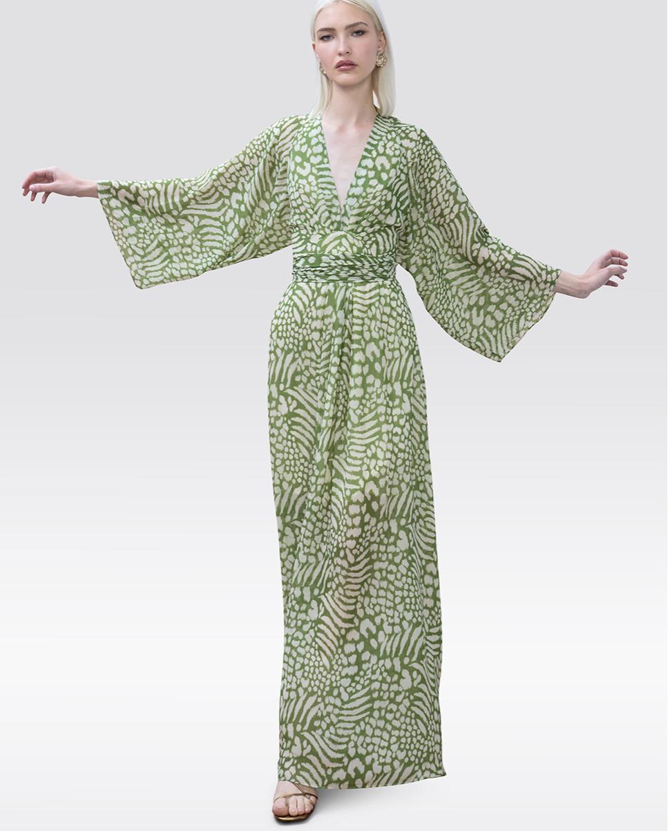 Imagem 0 de Vestido Comprido Estampado de Manga Larga com Cinto Ajustável