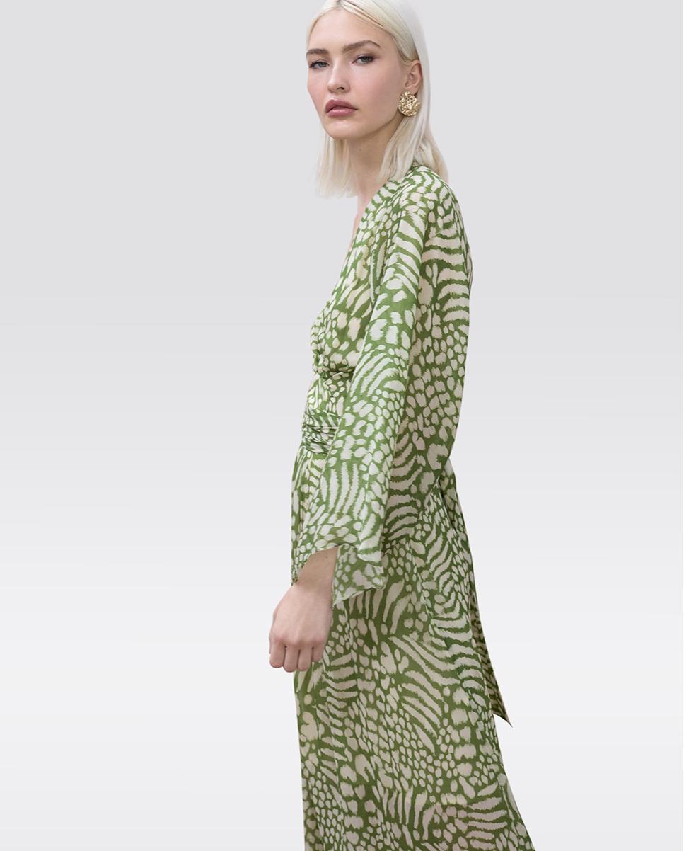 Vestido Comprido Estampado de Manga Larga com Cinto Ajustável Verde-2