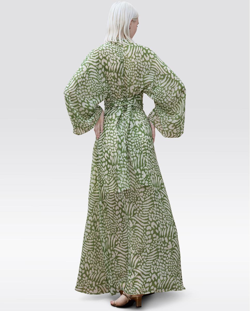 Vestido Comprido Estampado de Manga Larga com Cinto Ajustável Verde-3