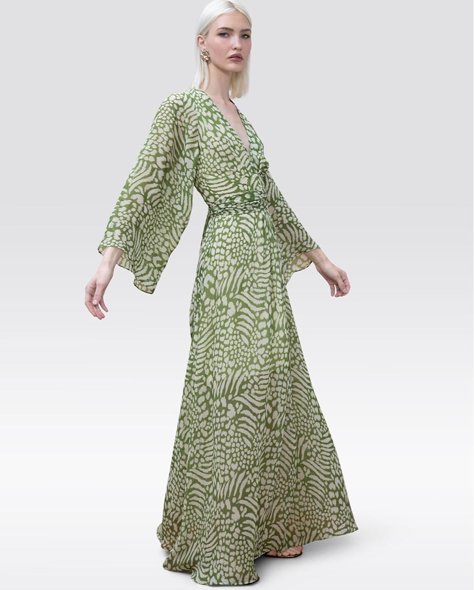 Vestido Comprido Estampado de Manga Larga com Cinto Ajustável Verde-4