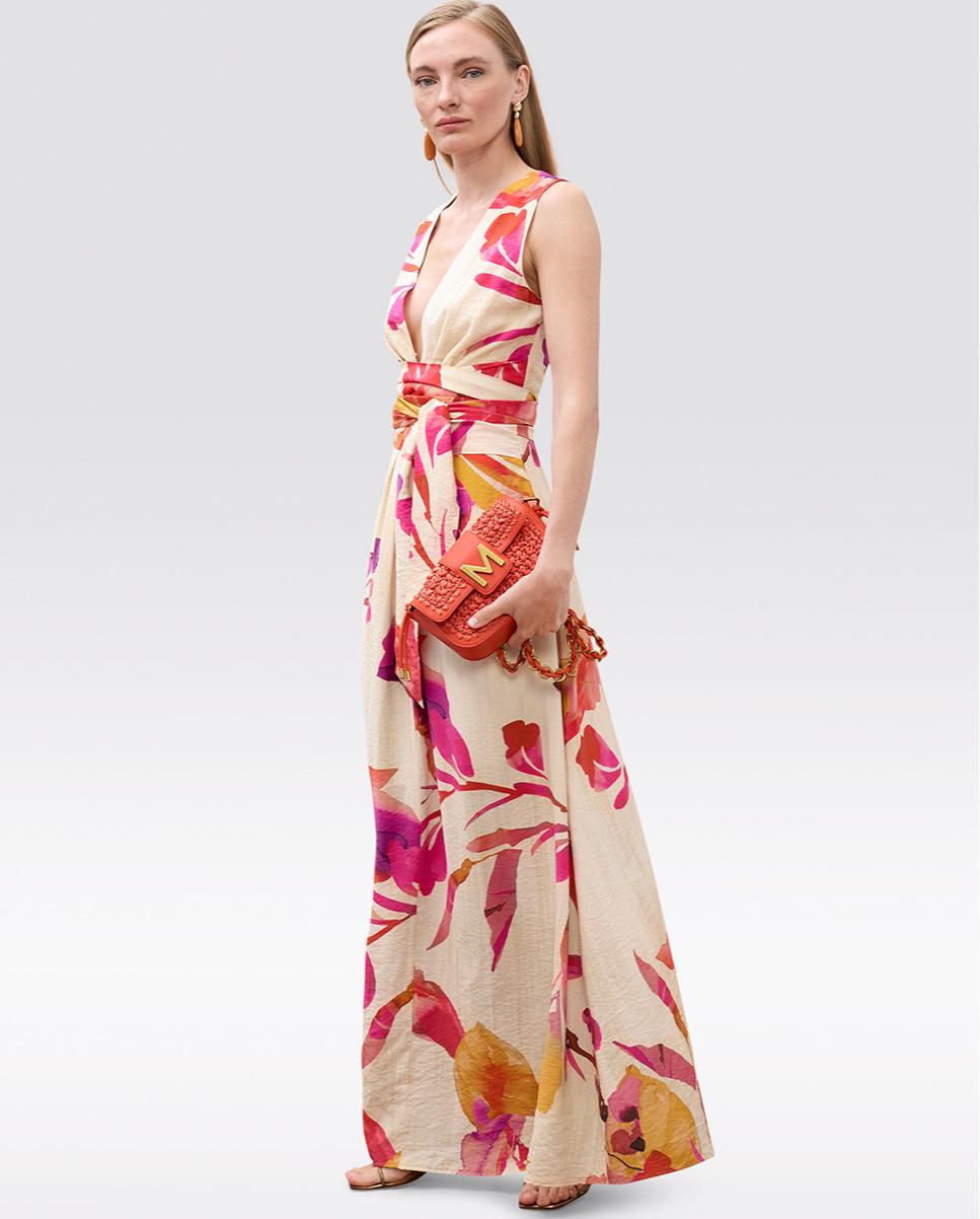 Imagem 0 de Vestido Comprido com Decote Profundo e Cinto Ajustável
