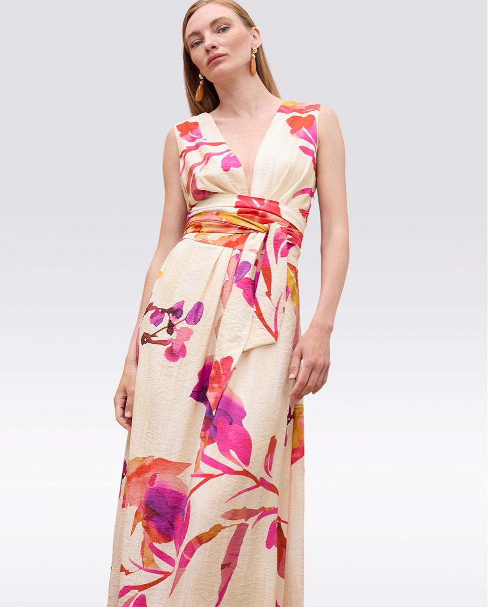Vestido Comprido com Decote Profundo e Cinto Ajustável Multicolor-2