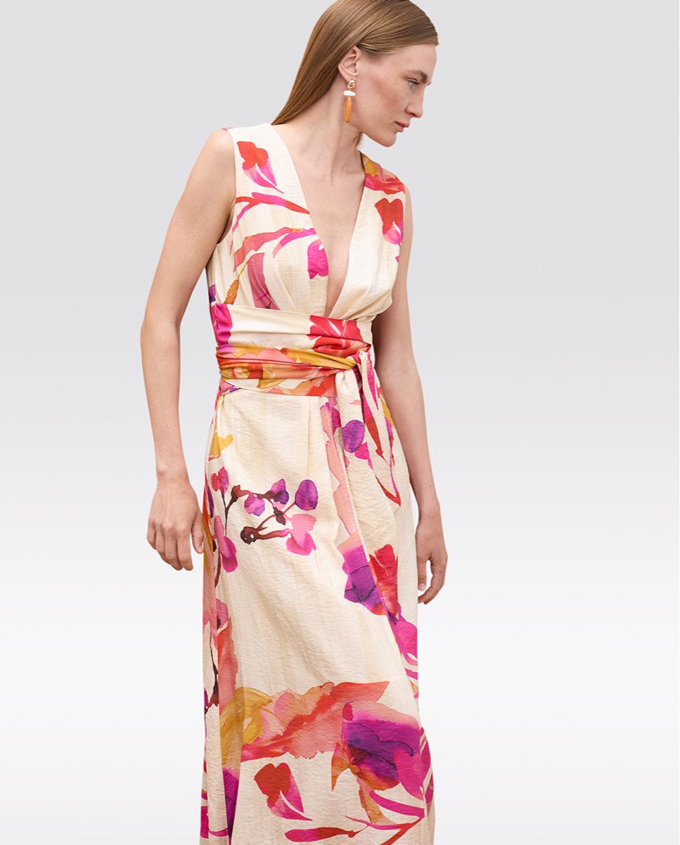 Vestido Comprido com Decote Profundo e Cinto Ajustável Multicolor-3