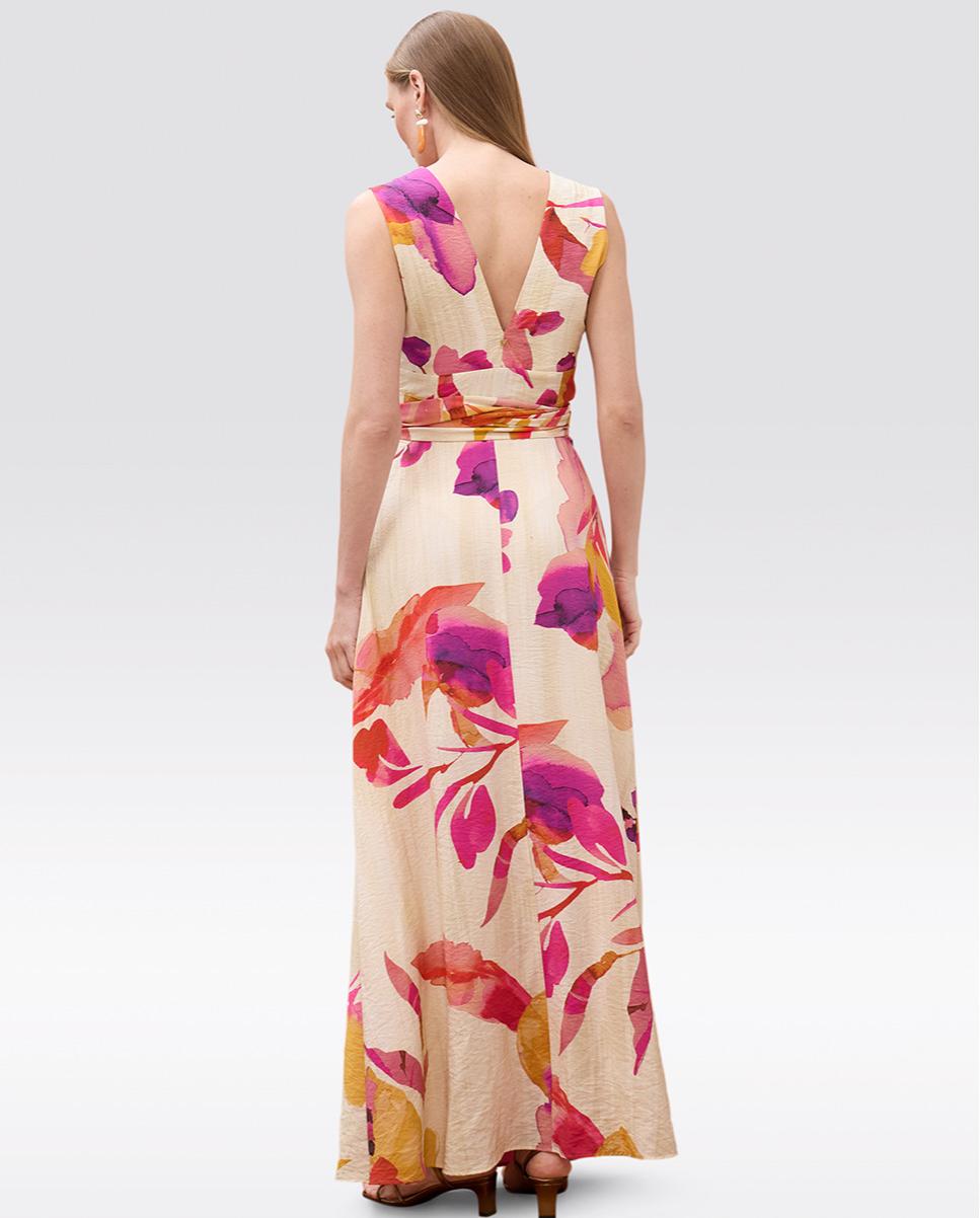 Vestido Comprido com Decote Profundo e Cinto Ajustável Multicolor-4