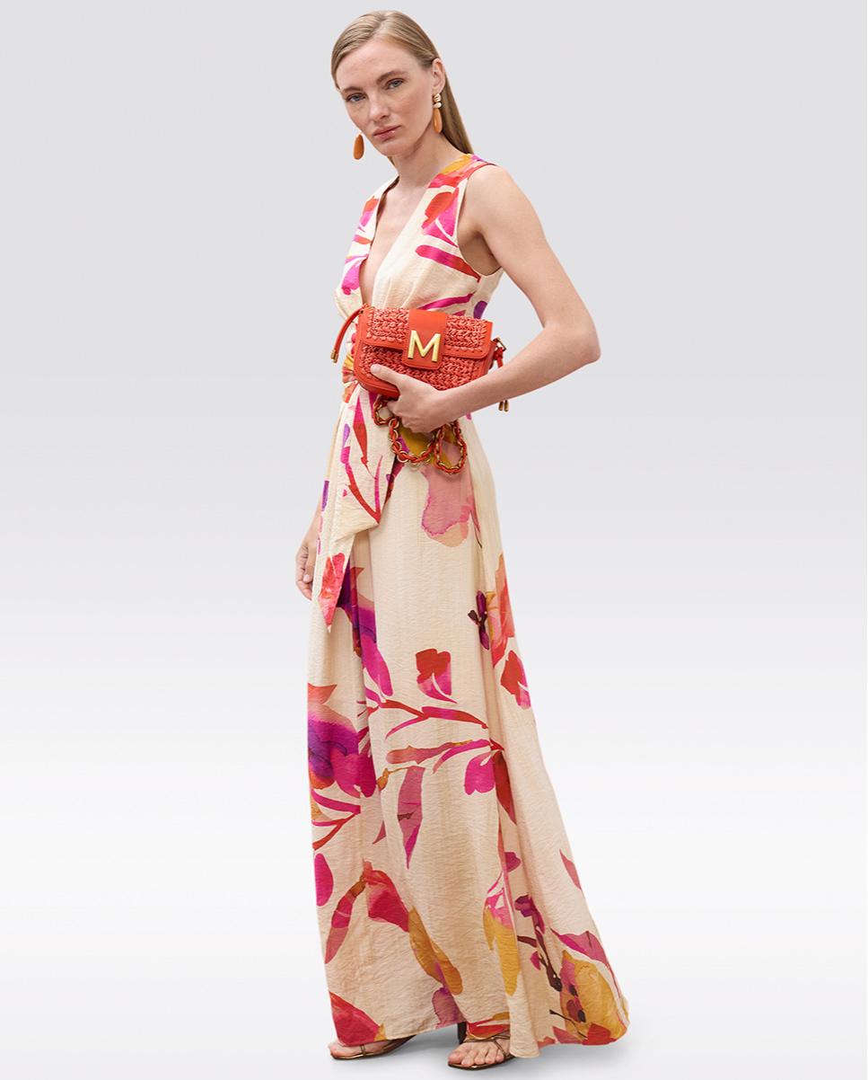 Vestido Comprido com Decote Profundo e Cinto Ajustável Multicolor-5