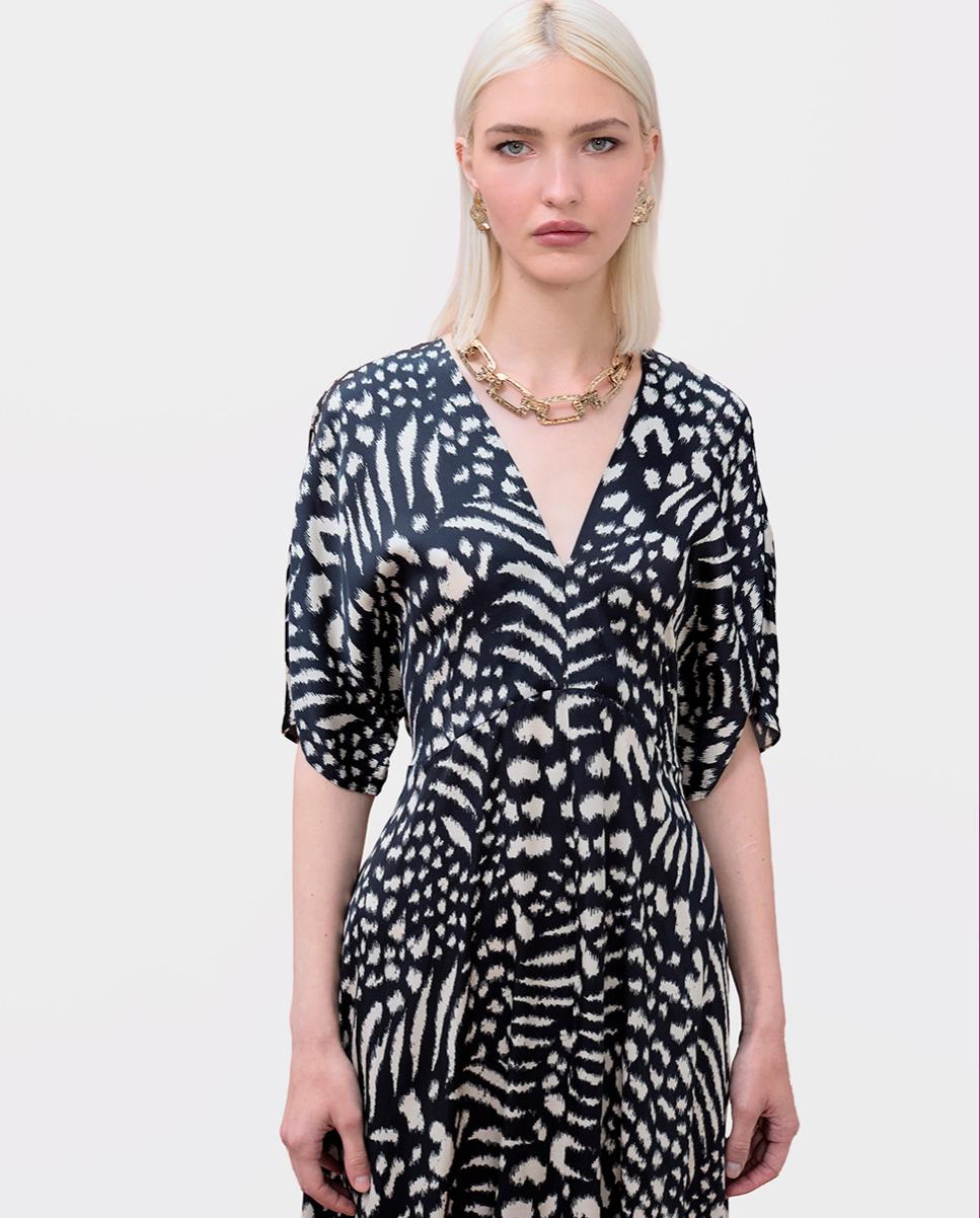 Vestido Midi Estampado com Decote em V Preto / Branco-2