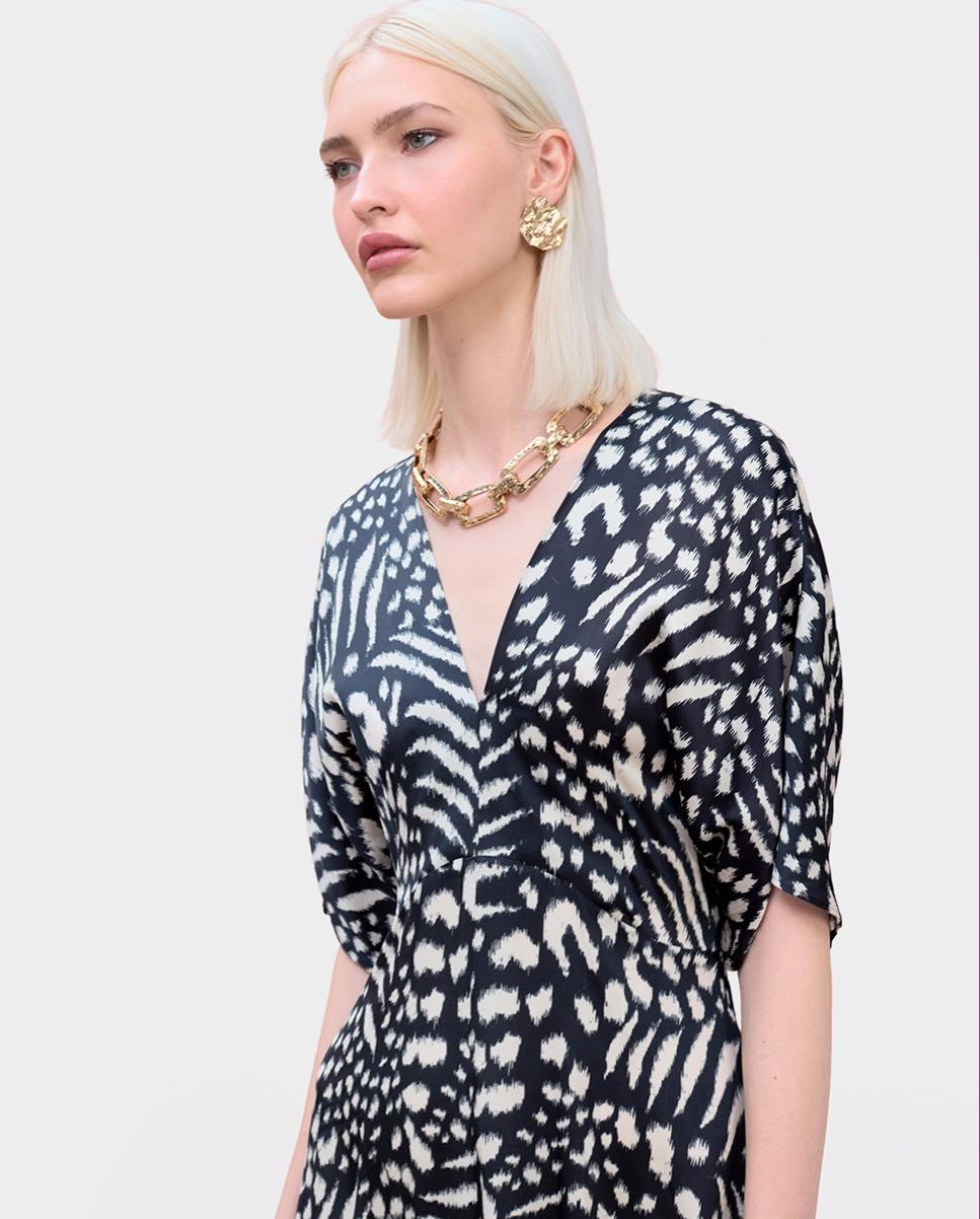 Vestido Midi Estampado com Decote em V Preto / Branco-3