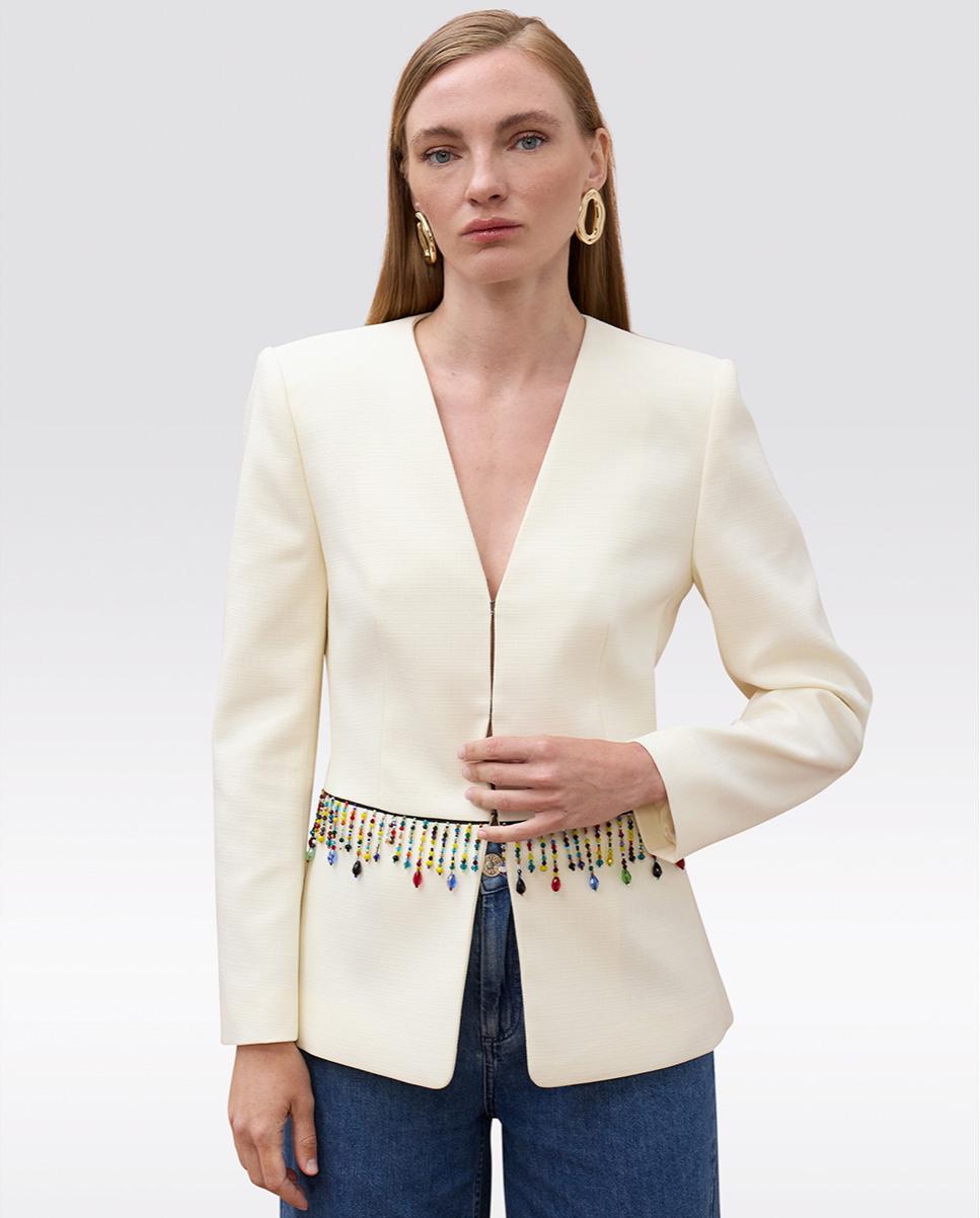 Blazer Adornado com Pedras de Cores Marfim-2