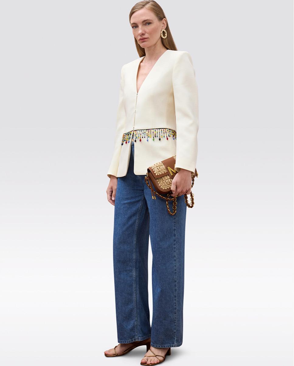 Blazer Adornado com Pedras de Cores Marfim-3