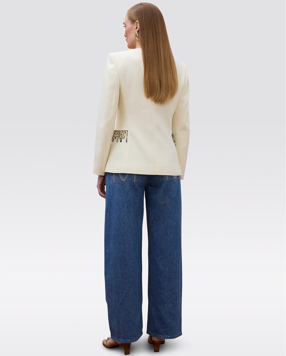 Blazer Adornado com Pedras de Cores Marfim-4