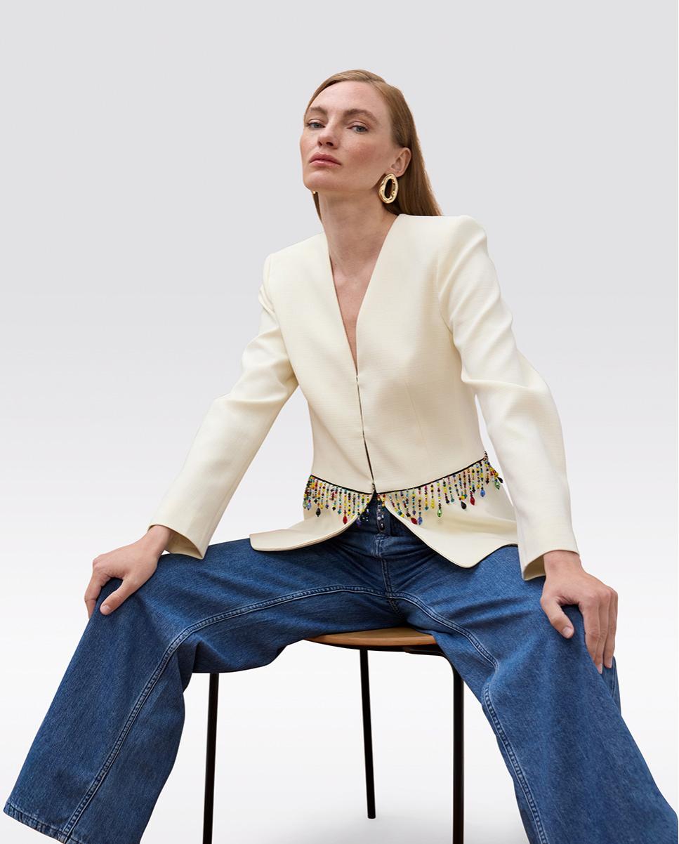 Blazer Adornado com Pedras de Cores Marfim-5