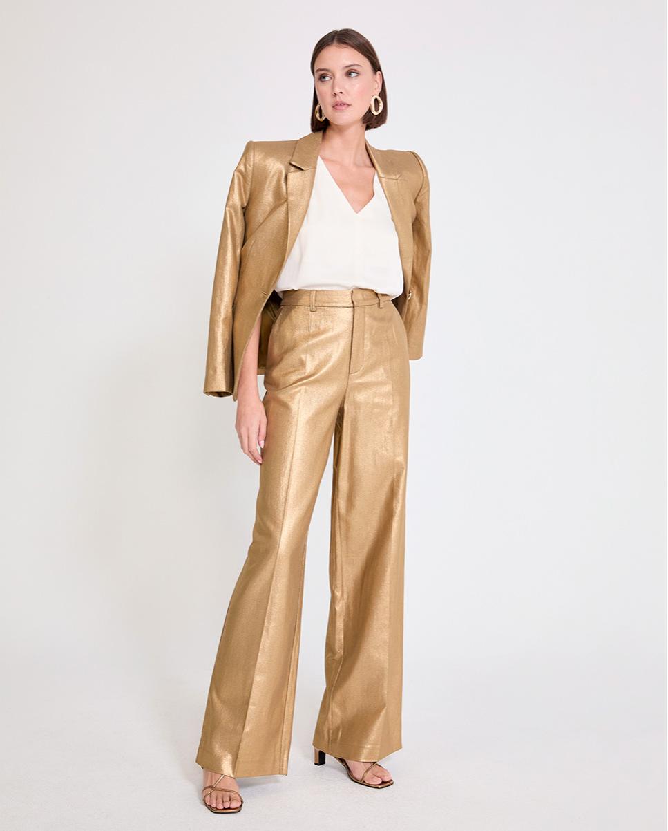 Imagem 0 de Calças à Boca de Sino Metalizadas com Cintura Alta